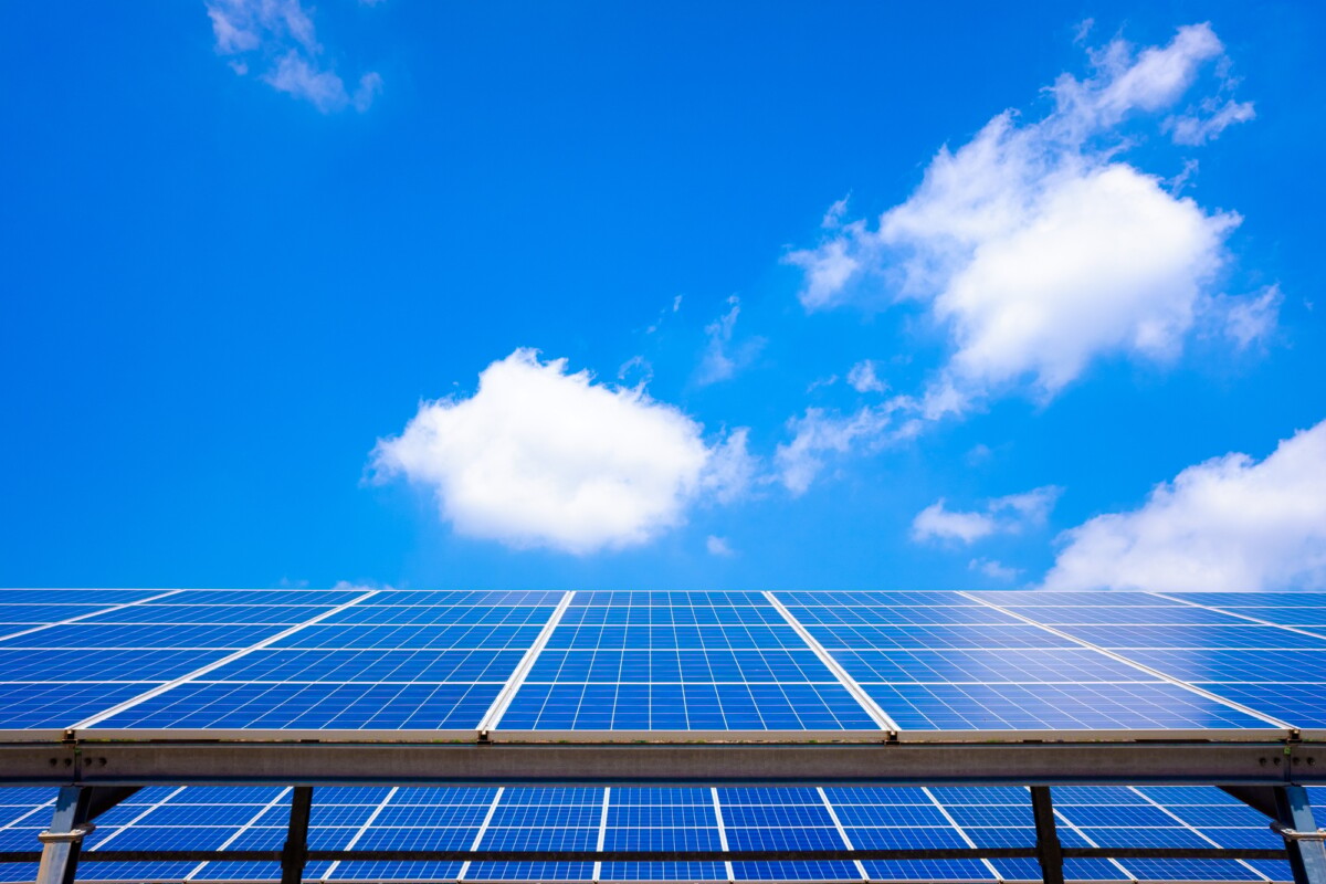 The sun converts its light into electrical energy through silicon solar panels, copy space.